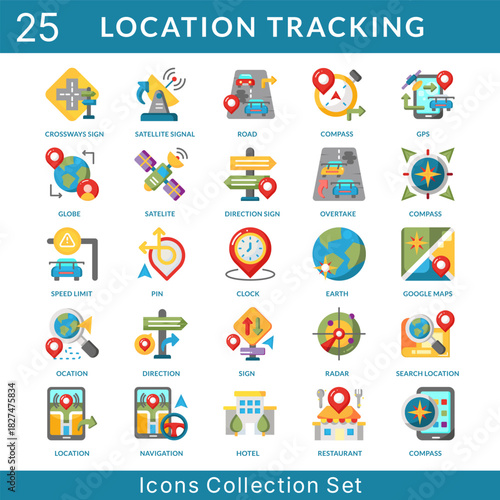 Location Tracking icon set collection in flat style. an icon pack contain road, compass, gps, globe, satelite, direction sign, overtake, speed limit, pin, clock