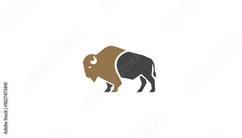 A modern, stylized graphic illustration of a bison or buffalo in profile, featuring a two-tone design with brown and dark grey sections on a white background.