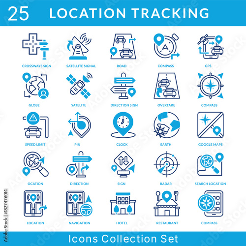 Location Tracking icon set collection in mixed style. an icon pack contain road, compass, gps, globe, satelite, direction sign, overtake, speed limit, pin, clock