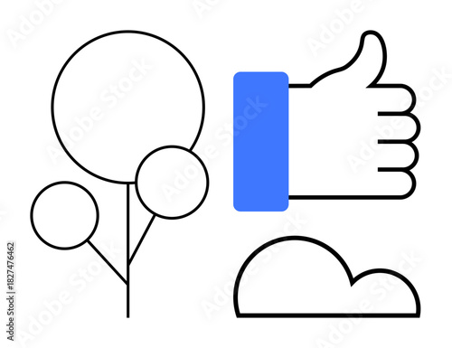 Social media concept. Social media ed with a thumbs-up icon alongside nature elements and a cloud symbol. Social media communication and digital interaction. Perfect for technology, networking