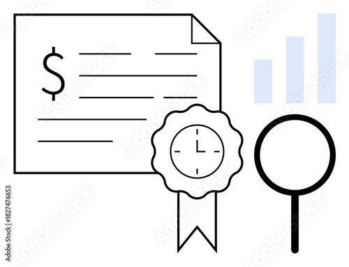 Financial document concept. Financial analysis highlighted with certificate, magnifying glass, and data graph. Financial documents for certification, data review, banking, or auditing
