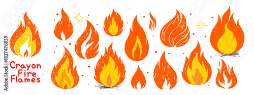 Chalk texture crayon fire flames set