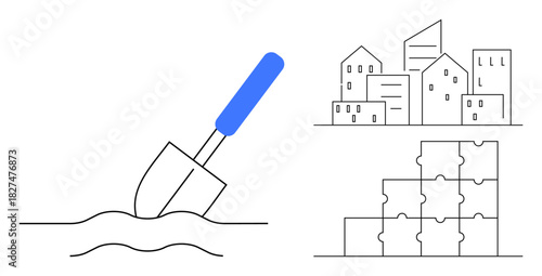 Construction concept. Construction illustrated through a shovel breaking ground, urban buildings, and puzzle pieces teamwork and project planning. For architecture, urban planning, teamwork, project
