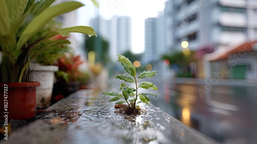 Fototapeta Naklejka Na Ścianę i Meble -  Small Green Plant Growing in Urban Setting After Rain, Symbolizing Hope and Resilience Amidst Concrete Jungle