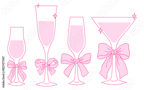 Elegant drink glasses decorated with pink bows for a celebratory occasion