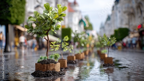 Fototapeta Naklejka Na Ścianę i Meble -  Small Trees Planted on Street with Reflections and People Walking in Urban Setting