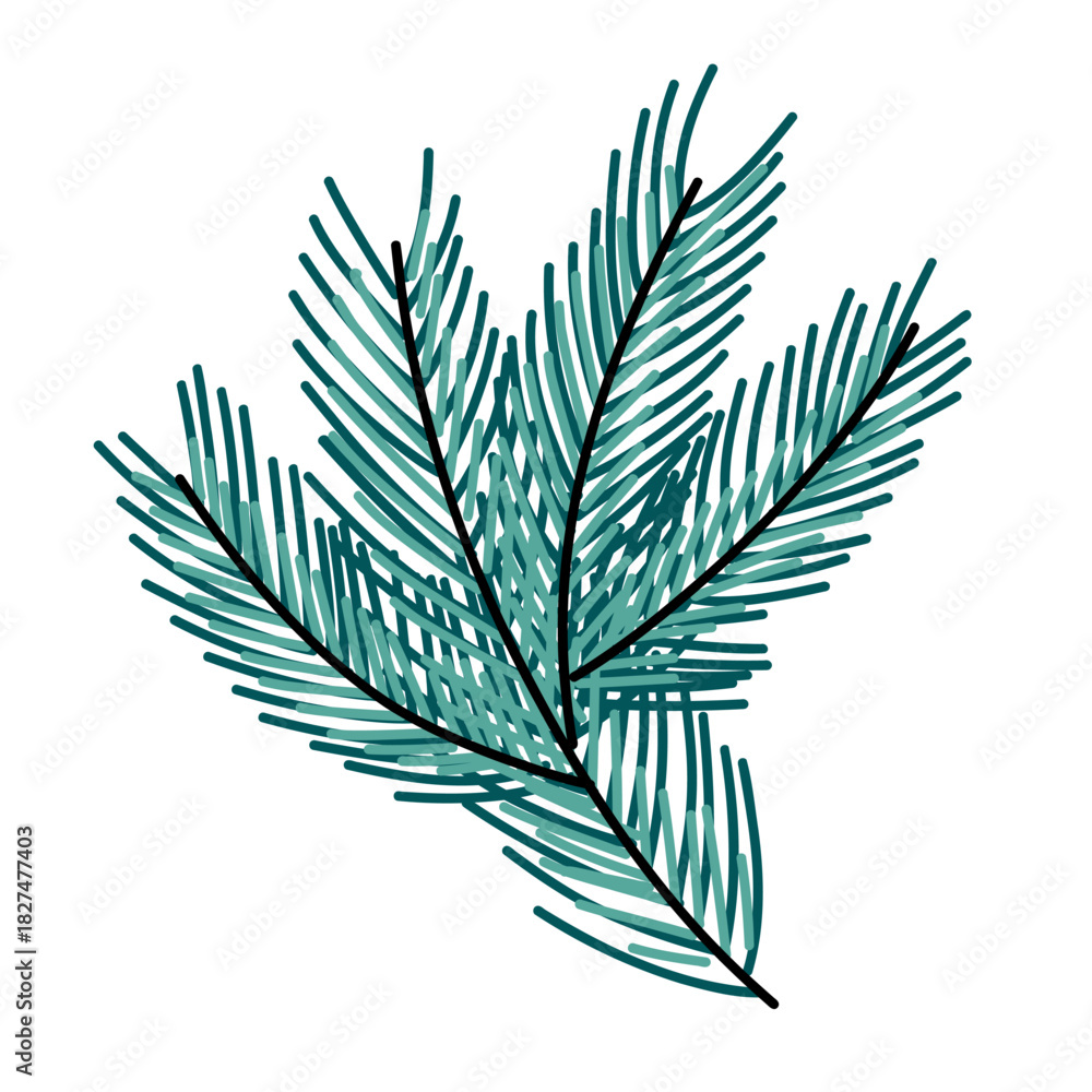 Naklejka premium Green pine branch illustration for winter decor. Detailed hand-drawn pine branch perfect for winter themes, Christmas designs, natural elements, and seasonal vector compositions.