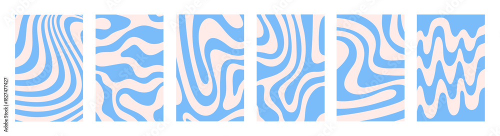 Naklejka premium Abstract set vertical backgrounds with blue waves. Trendy vector illustration in style retro 60s, 70s.