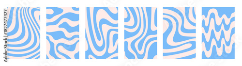 Abstract set vertical backgrounds with blue waves. Trendy vector illustration in style retro 60s, 70s.