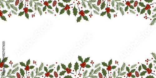 Festive holiday border featuring holly, berries, and pinecones suitable for seasonal designs and crafts