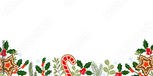 Festive holiday border with candy canes and gingerbread cookies celebrating winter cheer