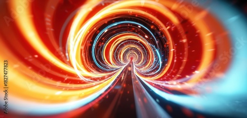 Fototapeta Naklejka Na Ścianę i Meble -  Abstract spiral vortex tunnel with red orange and blue light streaks. Dynamic motion blur and glowing particles create a futuristic cyberspace portal concept for tech. Endless energy flow.