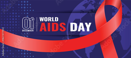 World aids day - Text and red ribbon on blue  circle earth and dot texture background vector design