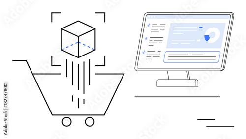 Shopping cart with 3D cube indicating digital product selection, alongside computer showing analytics data. Ideal for e-commerce, digital marketing, retail analysis, online shopping, customer