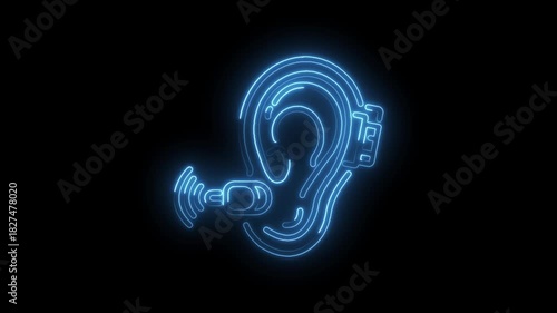 Glowing neon outline of hearing aid in ear on black background animation