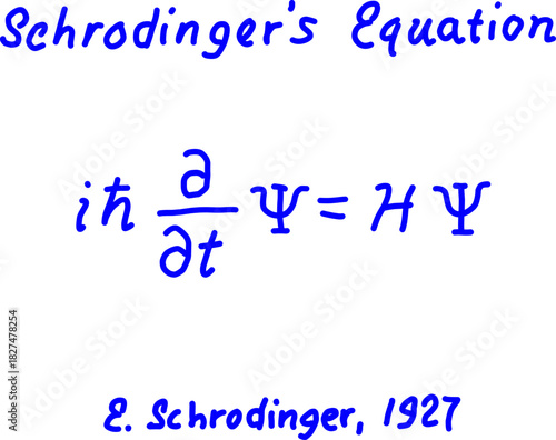 Handwritten illustration of Schrödinger’s Equation in blue ink, showing the fundamental quantum mechanics formula with elegant scientific typography.