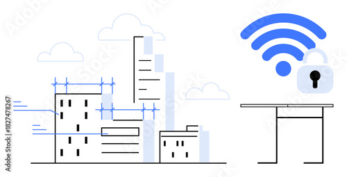 Urban skyscrapers under construction with secure wireless lock symbol over a desk. Ideal for technology, security, connectivity, innovation, architecture, digital infrastructure, urban development