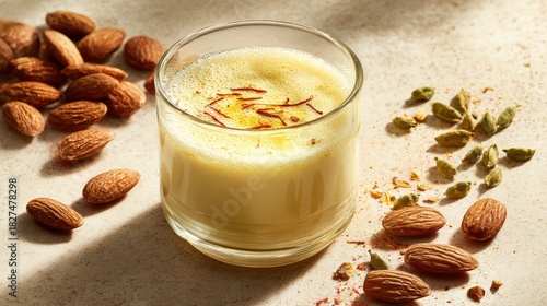 A soothing glass of warm almond milk infused with saffron and cardamom flavors.
