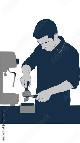 Illustration of a barista tamping coffee grounds into a portafilter using an espresso machine.