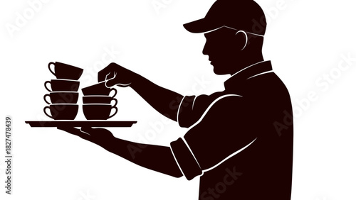 Silhouette of a waiter holding a tray with stacked coffee cups, preparing to serve beverages.