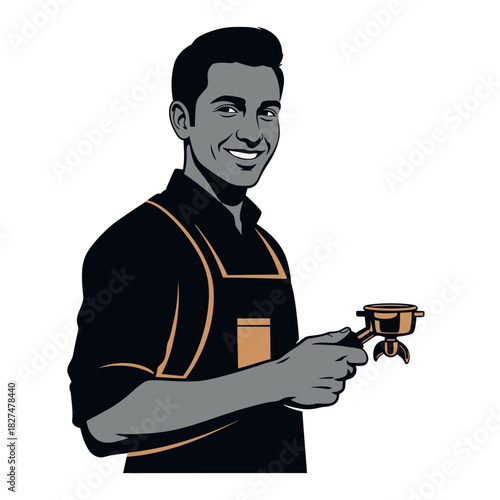 A smiling male barista in an apron holding a coffee portafilter, depicted in a graphic illustration style.