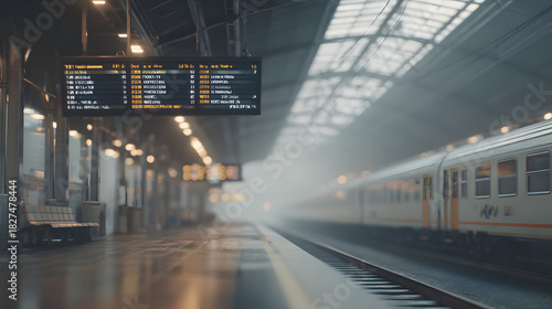 commute. Empty train platform with blurred departure board in morning fog. tourism brochures, itinerary planners, designed for hospitality marketing for hotel rooms and spa retreats.