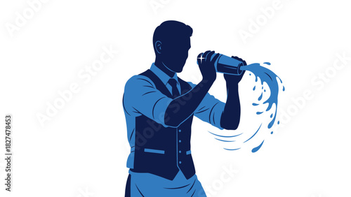 A stylized blue silhouette illustration of a bartender vigorously shaking a cocktail shaker, with liquid splashing out.
