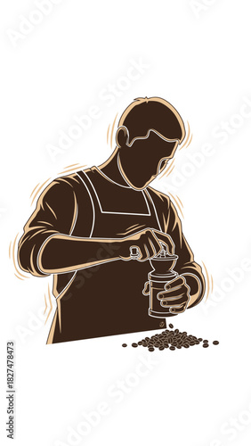 A stylized illustration of a person in an apron manually grinding coffee beans with a hand grinder, surrounded by whole beans.