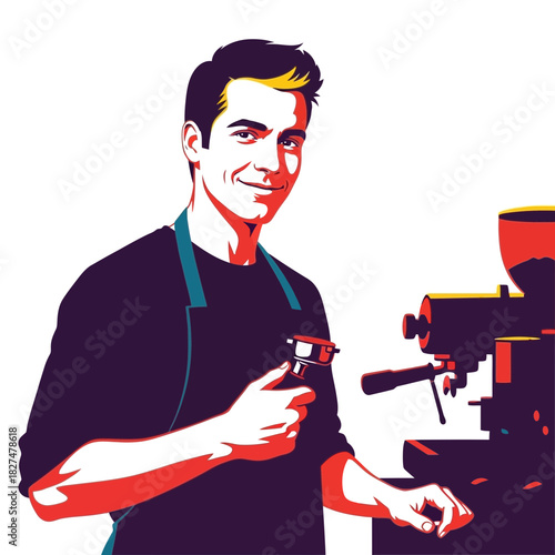 A smiling barista in an apron holding a portafilter next to an espresso machine, depicted in a vibrant graphic art style.