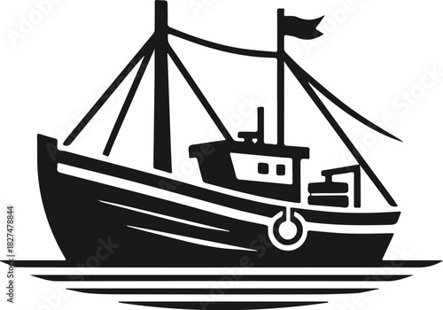Black and white fishing trawler boat vector icon.