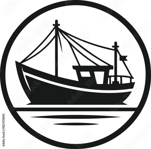 Classic fishing boat silhouette inside a circular frame vector icon.