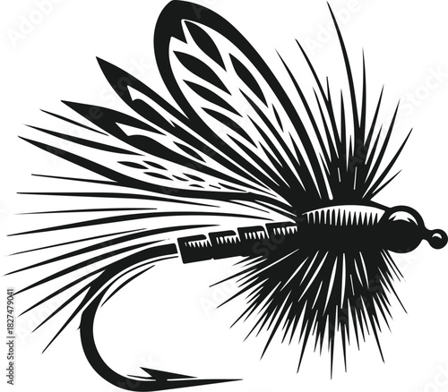 Classic dry fly fishing lure in a detailed black and white illustration.