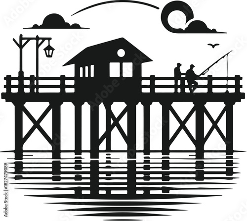 Silhouette of two people fishing from a wooden pier with a shack.
