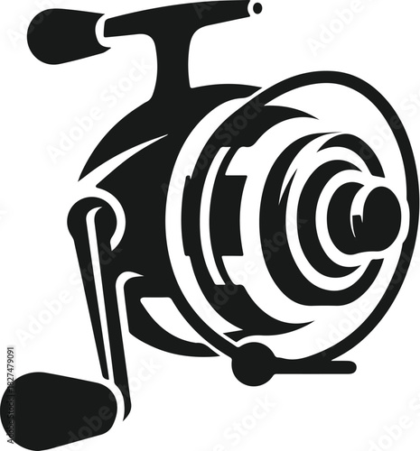 Simple black silhouette of a spinning fishing reel icon.