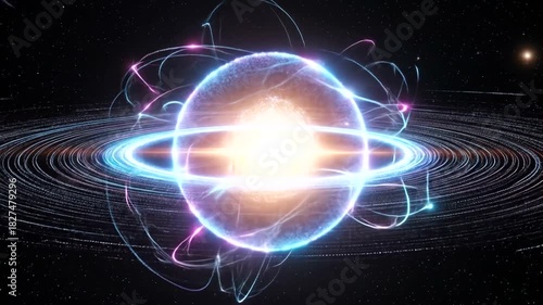 A vibrant cosmic scene depicting a glowing energy sphere surrounded by swirling rings and stars