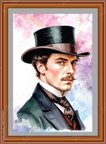 053-46-Portrait of a vintage gentleman in a top hat and victorian clothes, painted in watercolor style