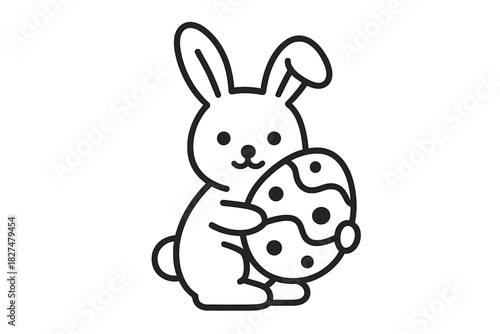 Adorable cartoon rabbit character holding a patterned Easter egg in minimal line art style