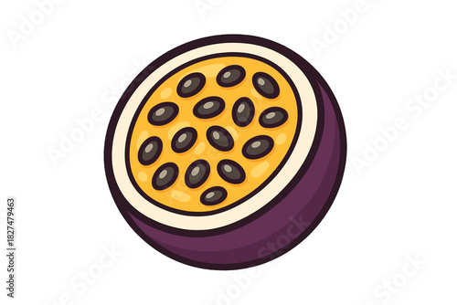 Ripe tropical passion fruit cross section showing yellow pulp and dark seeds