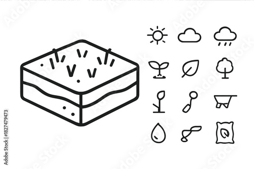 Set of essential elements: soil cross section, sun, rain, plants, and gardening equipment