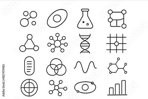 Minimalist line icons for scientific research, chemistry, biology, and data analysis