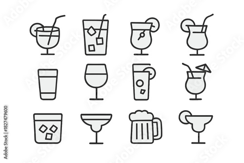 Minimalist drinkware set featuring cocktail glasses, wine glasses, and beer mugs