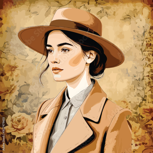 053-48-Elegant woman wearing a brown hat and trench coat looking away with a floral background