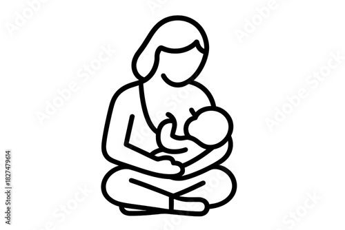 Minimalist depiction of a mother sitting cross-legged and nursing her newborn baby
