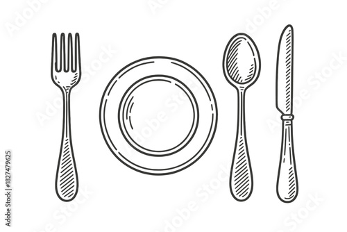 Engraved style table setting with dinner plate, fork, spoon, and serrated knife