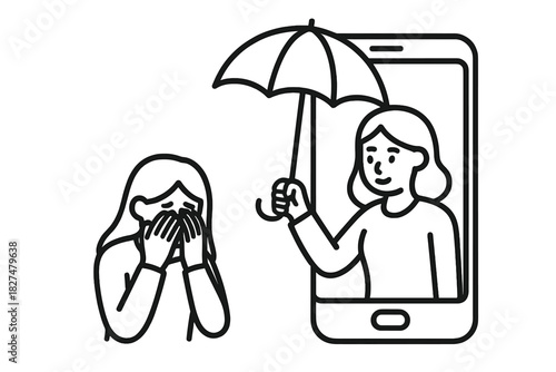 Woman emerging from smartphone screen holding umbrella over crying person for online help