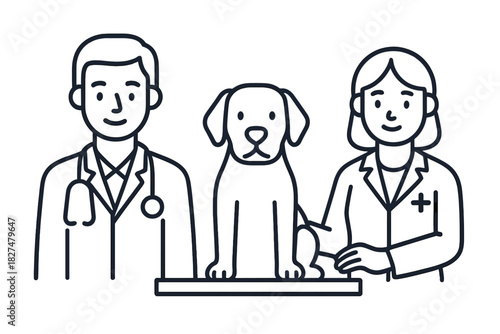 Veterinary team examining dog patient on clinic examination table during routine checkup