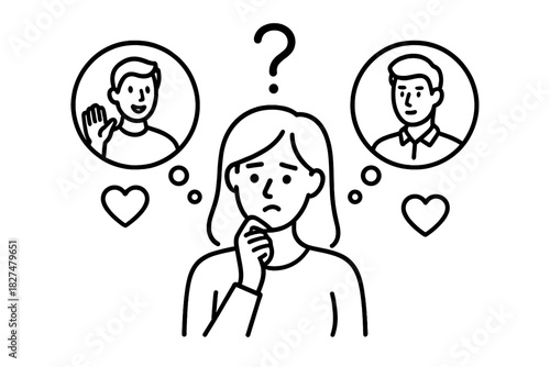 Woman facing romantic dilemma choosing between two potential partners in thought bubbles
