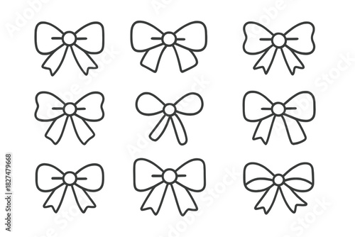 Set of nine outline bow symbols for gifts, holidays, and celebration decorations