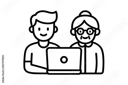 Intergenerational pair using a laptop computer for online learning or digital communication