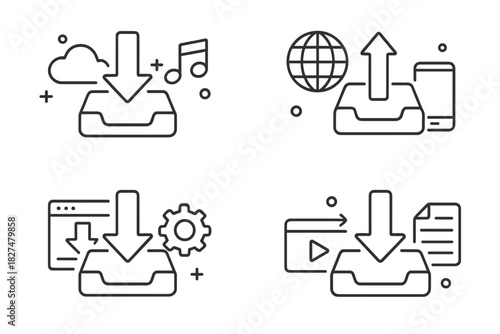 Line icons set for data transfer, cloud storage, download, and upload processes